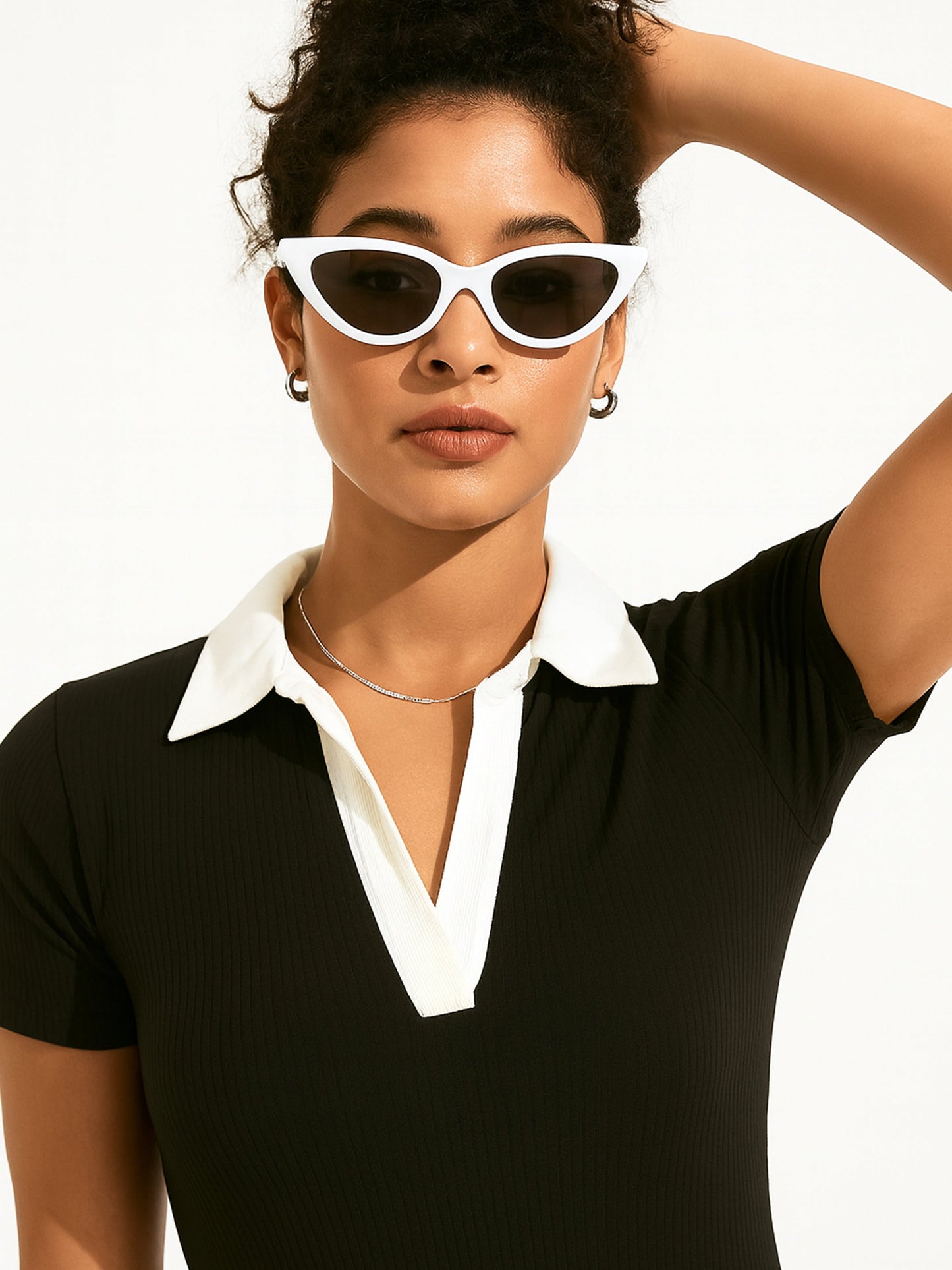 Black With White Rib Contrast Polo Neck Top