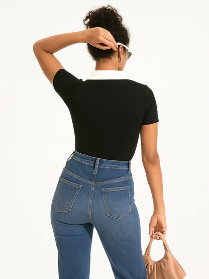 Black With White Rib Contrast Polo Neck Top