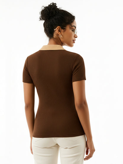 Brown With Beige Rib Contrast Polo Neck Top