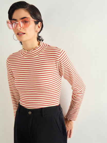 Women Red & Beige Striped Rib High Neck Full Sleeve Top