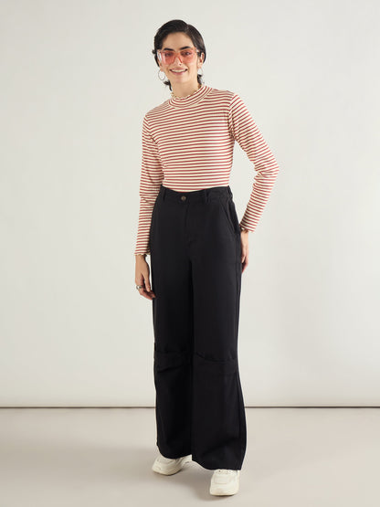 Women Red & Beige Striped Rib High Neck Full Sleeve Top