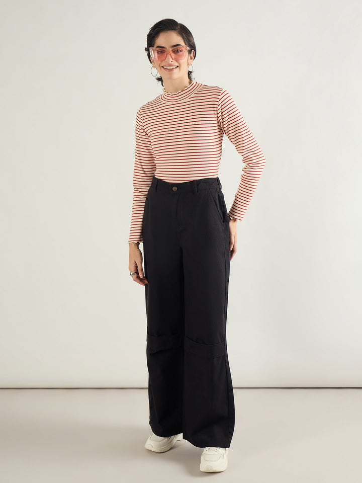 Women Red &amp; Beige Striped Rib High Neck Full Sleeve Top