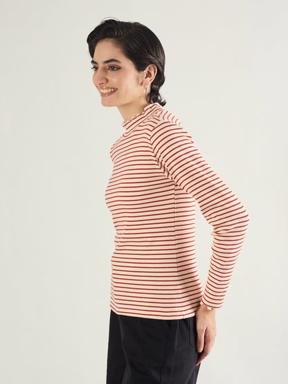 Women Red & Beige Striped Rib High Neck Full Sleeve Top