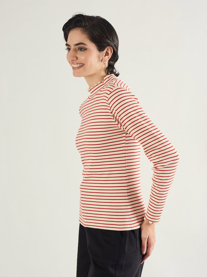 Women Red &amp; Beige Striped Rib High Neck Full Sleeve Top