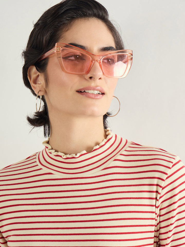 Women Red &amp; Beige Striped Rib High Neck Full Sleeve Top
