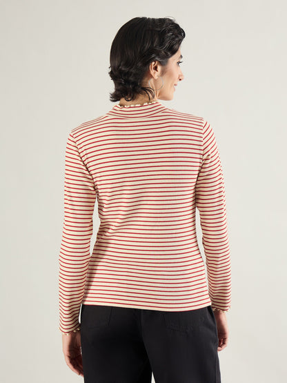 Women Red & Beige Striped Rib High Neck Full Sleeve Top