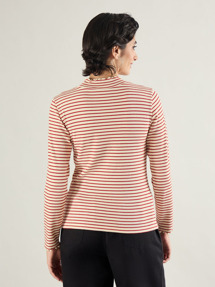 Women Red &amp; Beige Striped Rib High Neck Full Sleeve Top