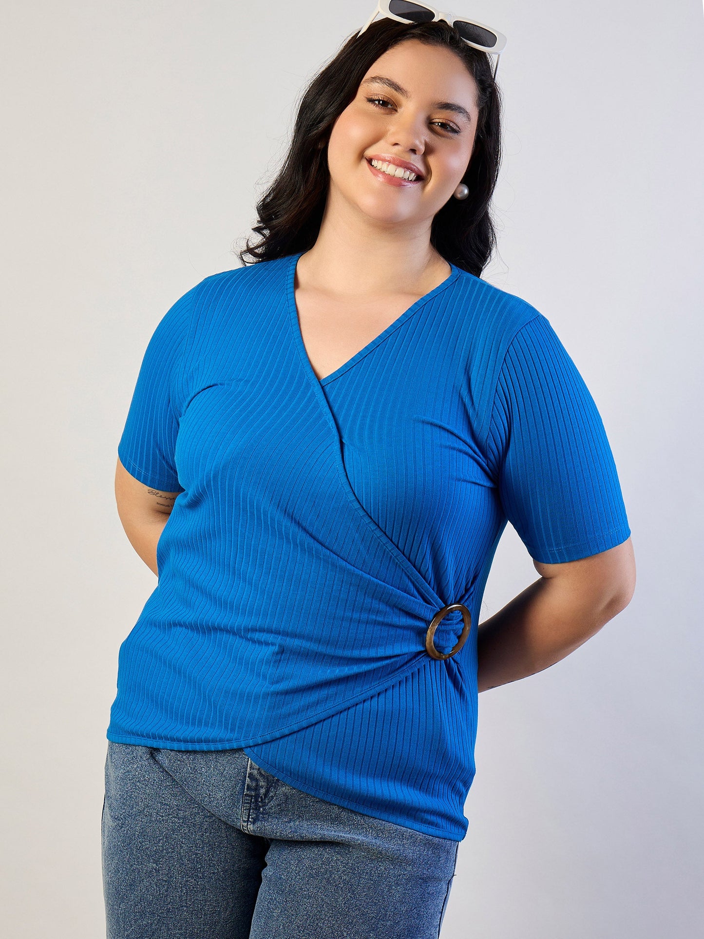 Royal Blue Rib Side Buckle Detail Top