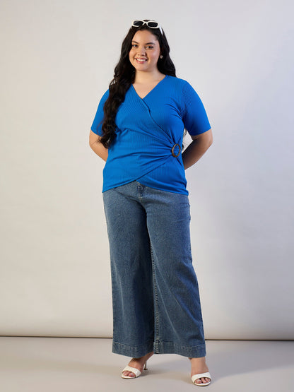 Royal Blue Rib Side Buckle Detail Top