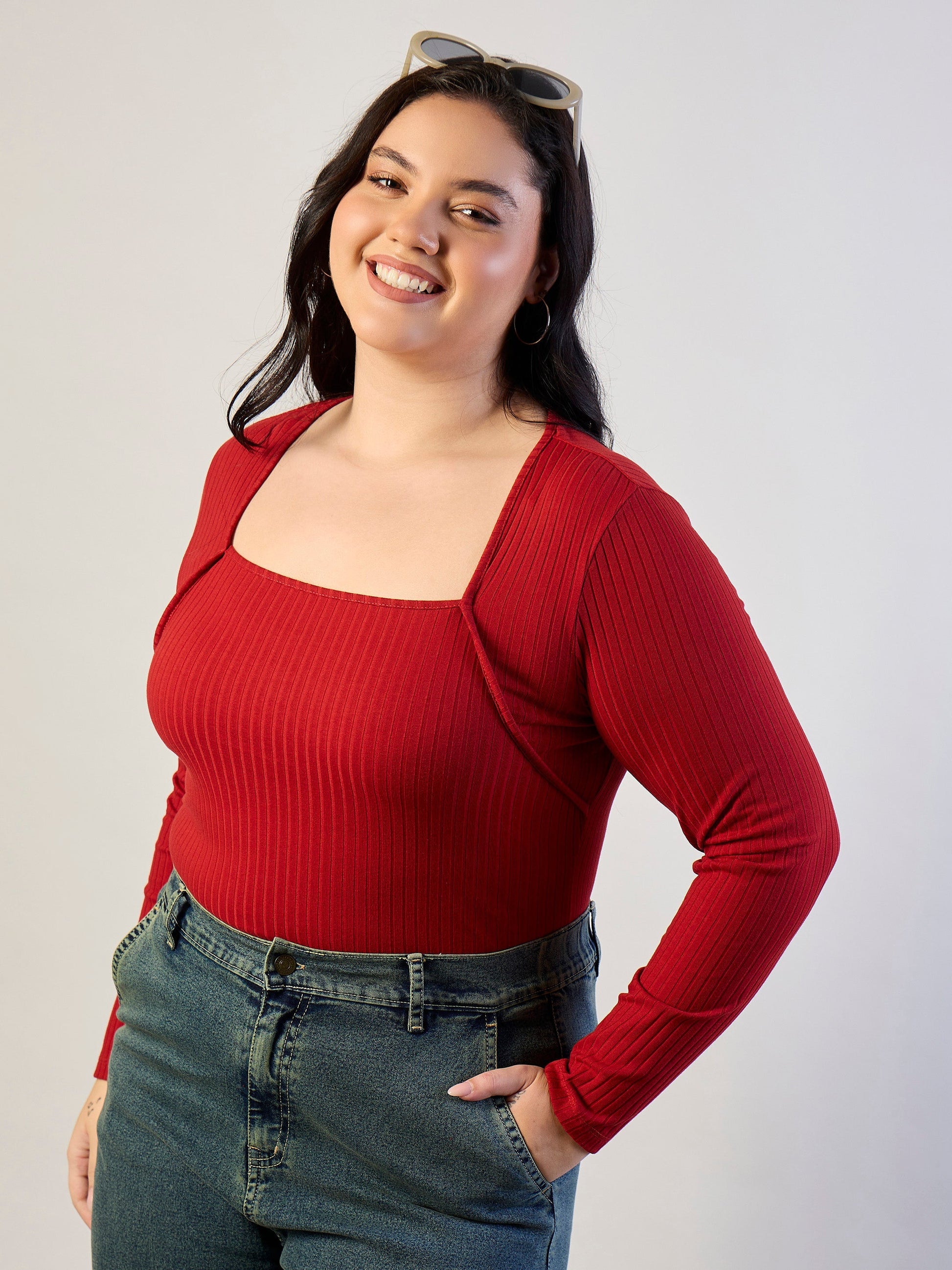 Plus size women's Rust Polycotton Rust Empire Neck Rib Top by Sassafras Curve for wholesale buyers, boutiques, resellers and bulk orders from