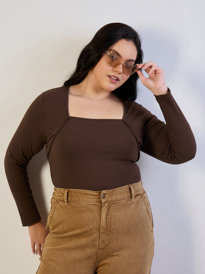 Brown Empire Neck Rib Top