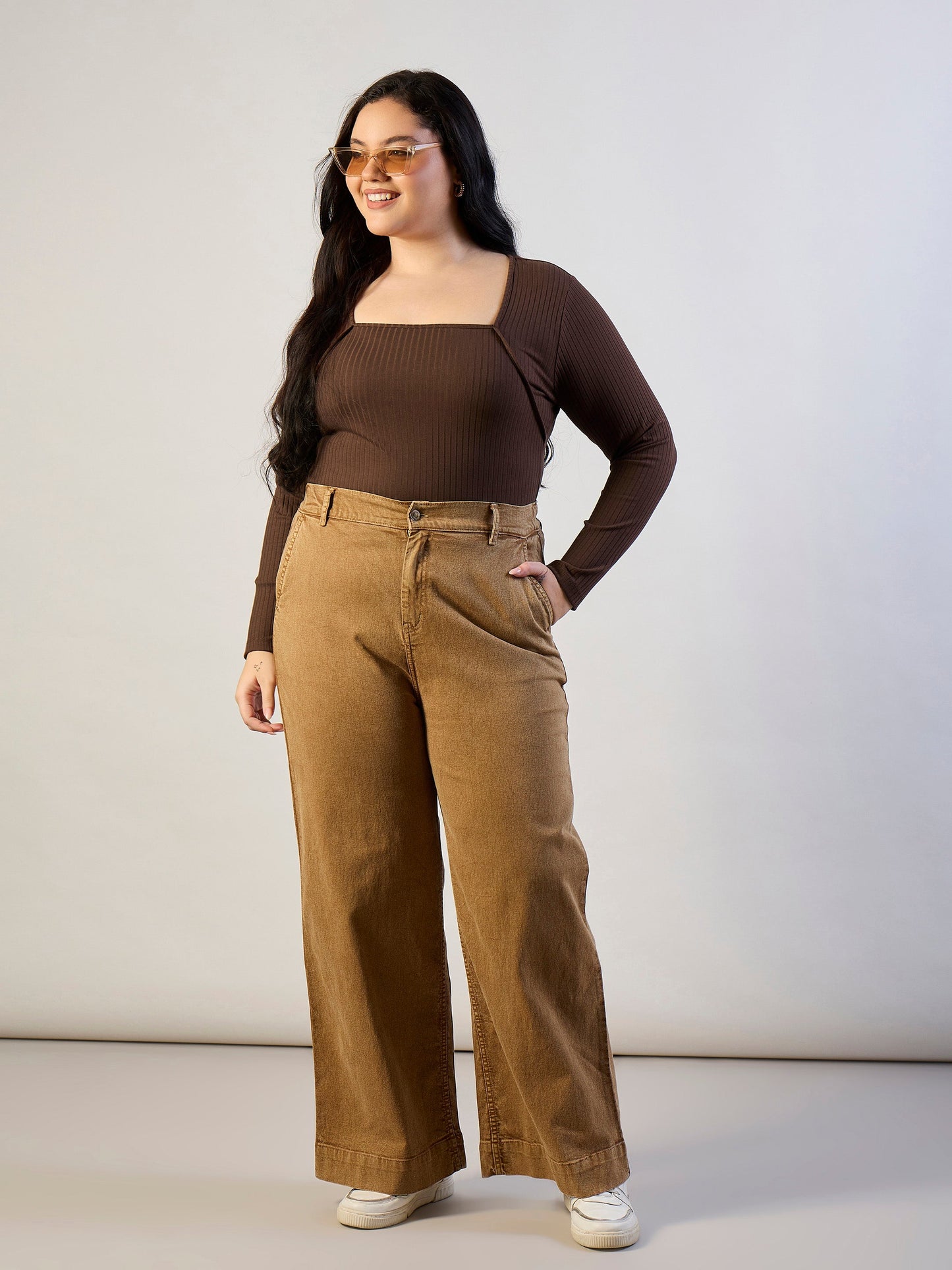 Brown Empire Neck Rib Top