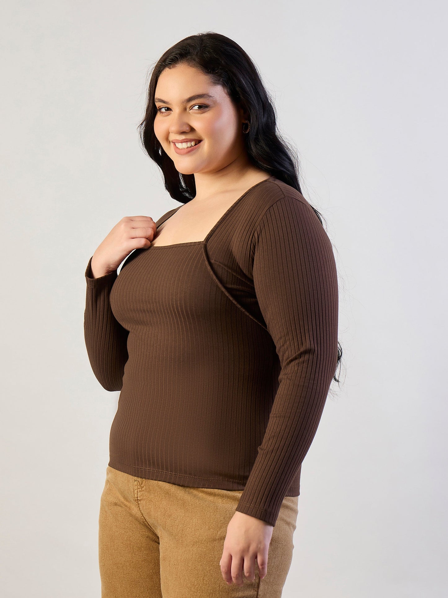 Brown Empire Neck Rib Top