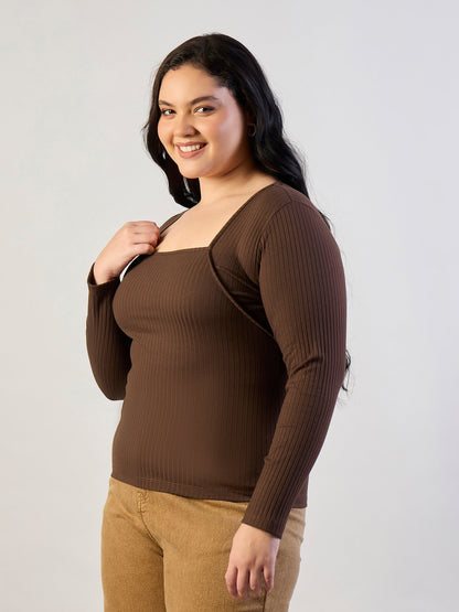 Brown Empire Neck Rib Top