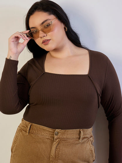Brown Empire Neck Rib Top