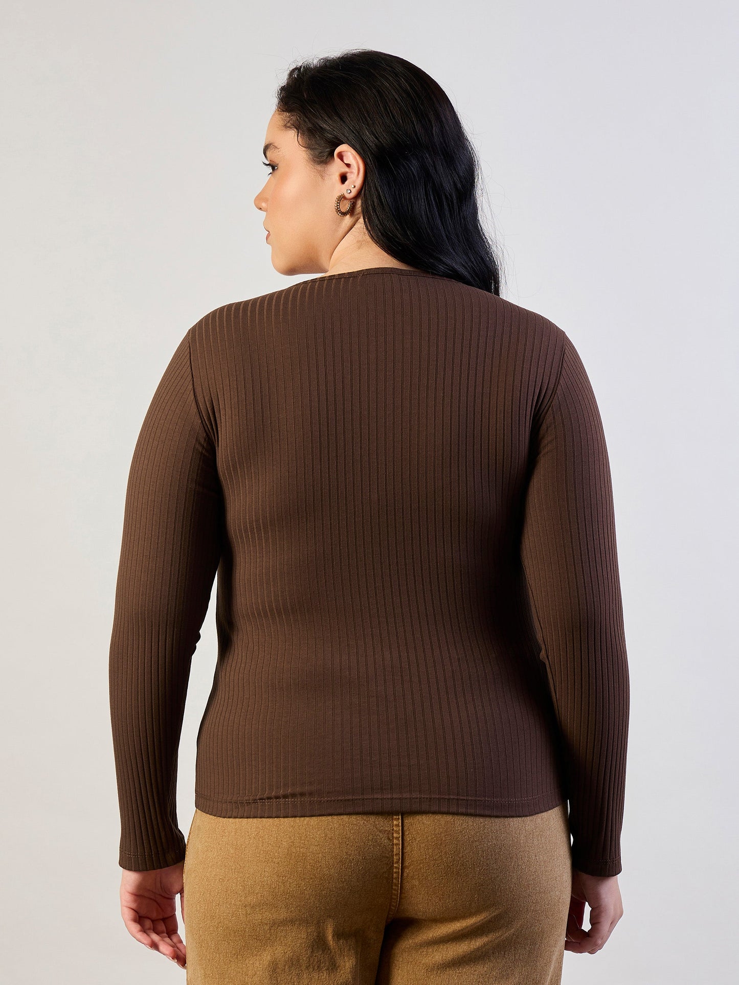 Brown Empire Neck Rib Top