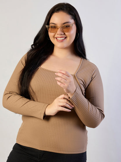 Plus size women's Beige Polycotton Beige Empire Neck Rib Top by Sassafras Curve for wholesale buyers, boutiques, resellers and bulk orders from