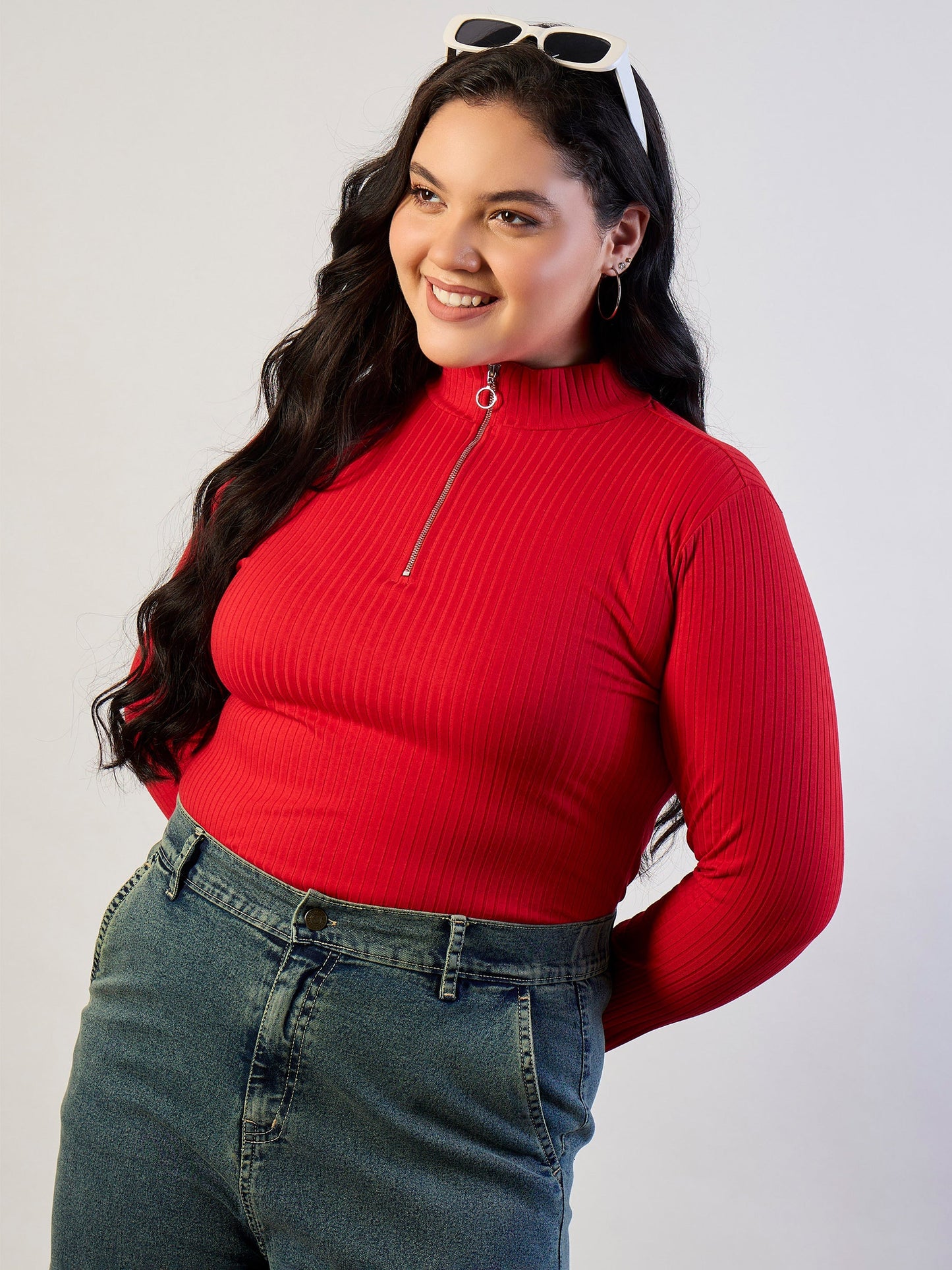 Plus size women's Red Polycotton Red Rib Front Zipper Top by Sassafras Curve for wholesale buyers, boutiques, resellers and bulk orders from
