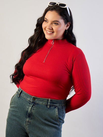 Plus size women's Red Polycotton Red Rib Front Zipper Top by Sassafras Curve for wholesale buyers, boutiques, resellers and bulk orders from