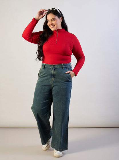 Red Rib Front Zipper Top-SASSAFRAS CURVE