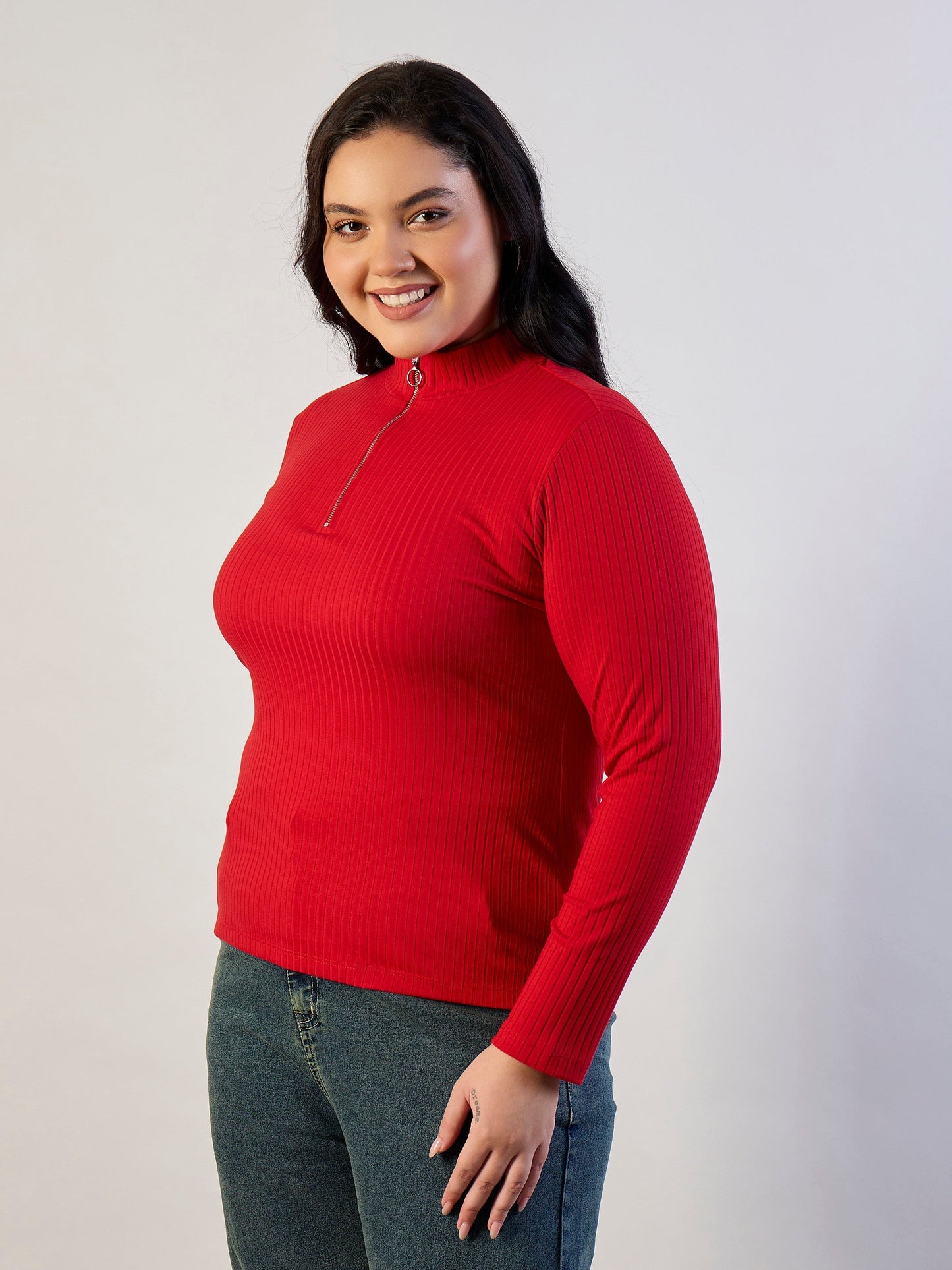 Red Rib Front Zipper Top-SASSAFRAS CURVE