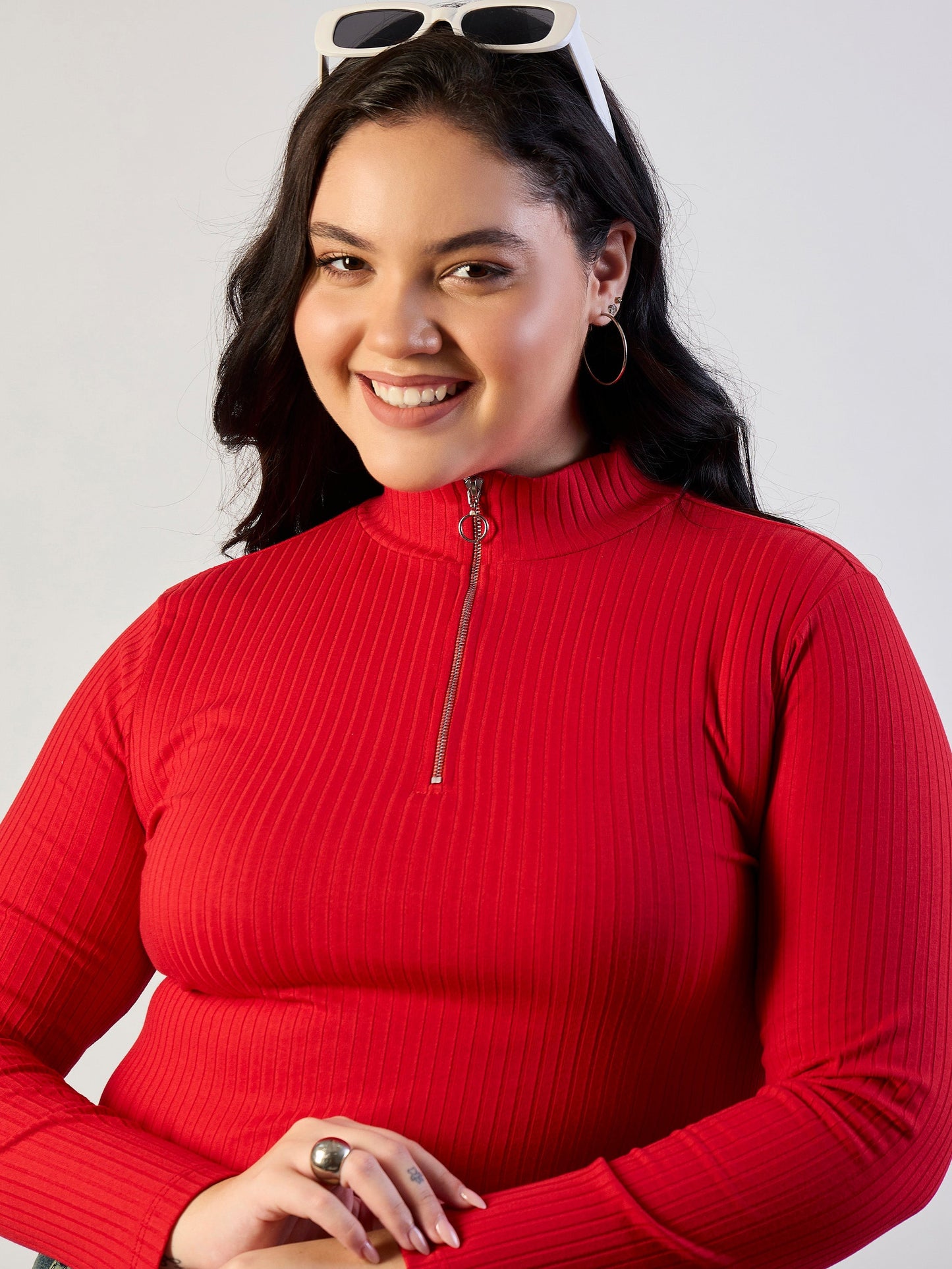 Red Rib Front Zipper Top-SASSAFRAS CURVE