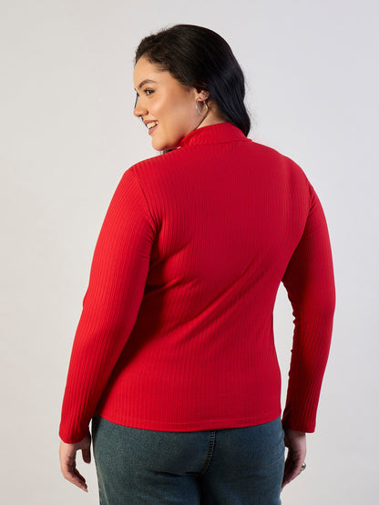 Red Rib Front Zipper Top-SASSAFRAS CURVE