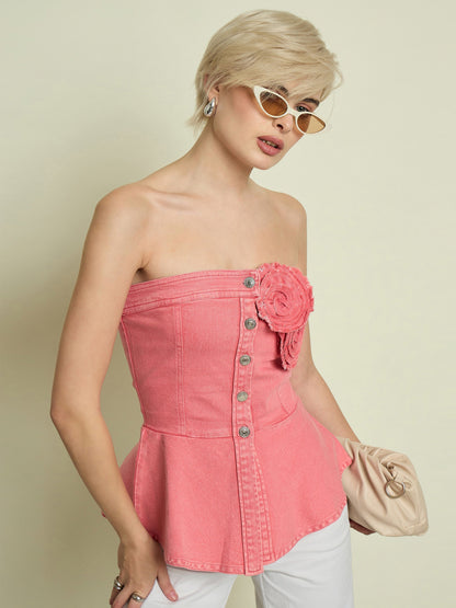 Women Pink Denim Corsage Button Down Top