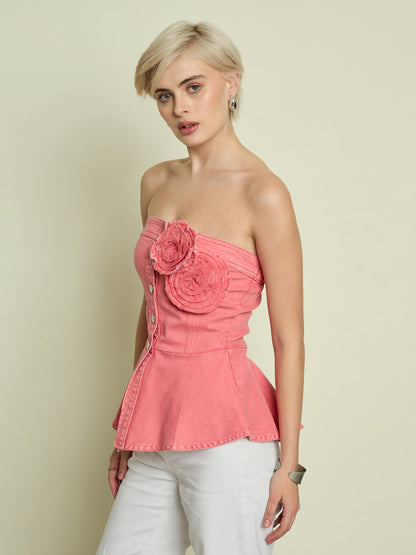 Women Pink Denim Corsage Button Down Top