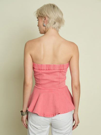 Women Pink Denim Corsage Button Down Top