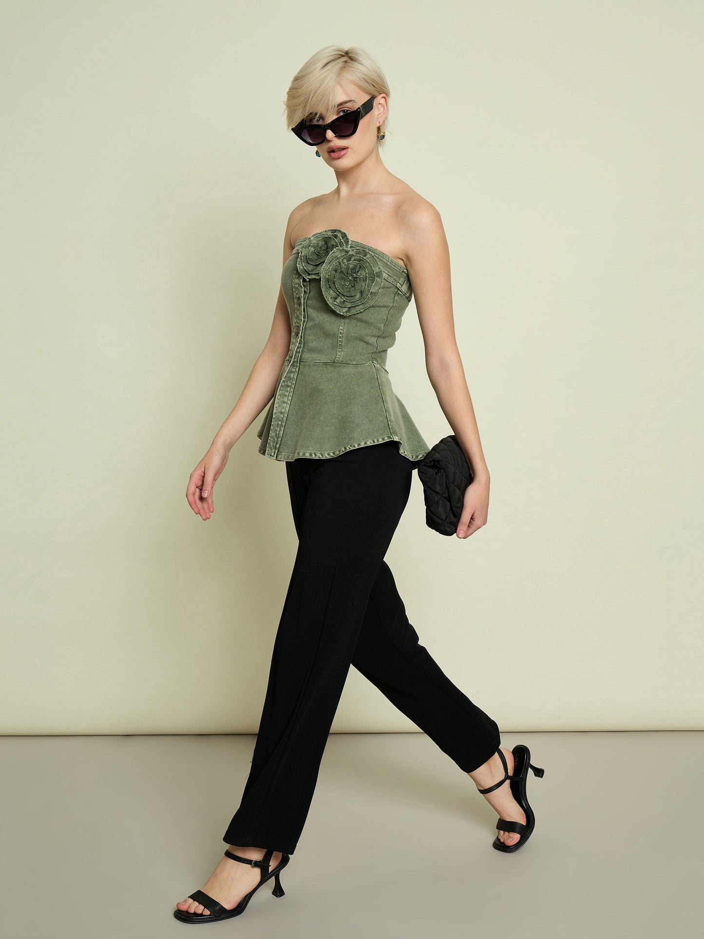 Women Olive Denim Corsage Button Down Top