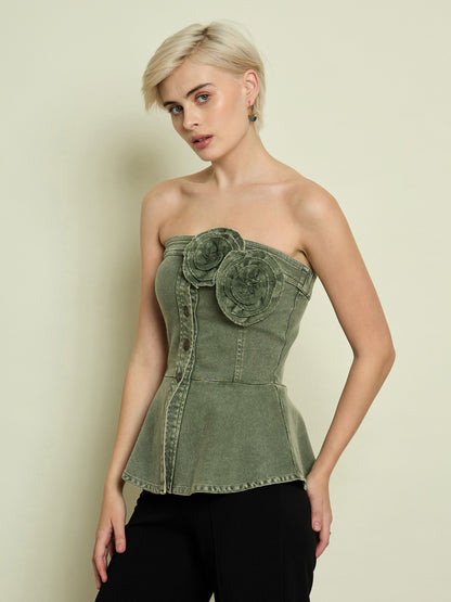 Women Olive Denim Corsage Button Down Top