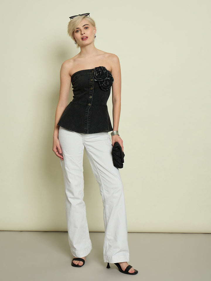Women Black Denim Corsage Button Down Top