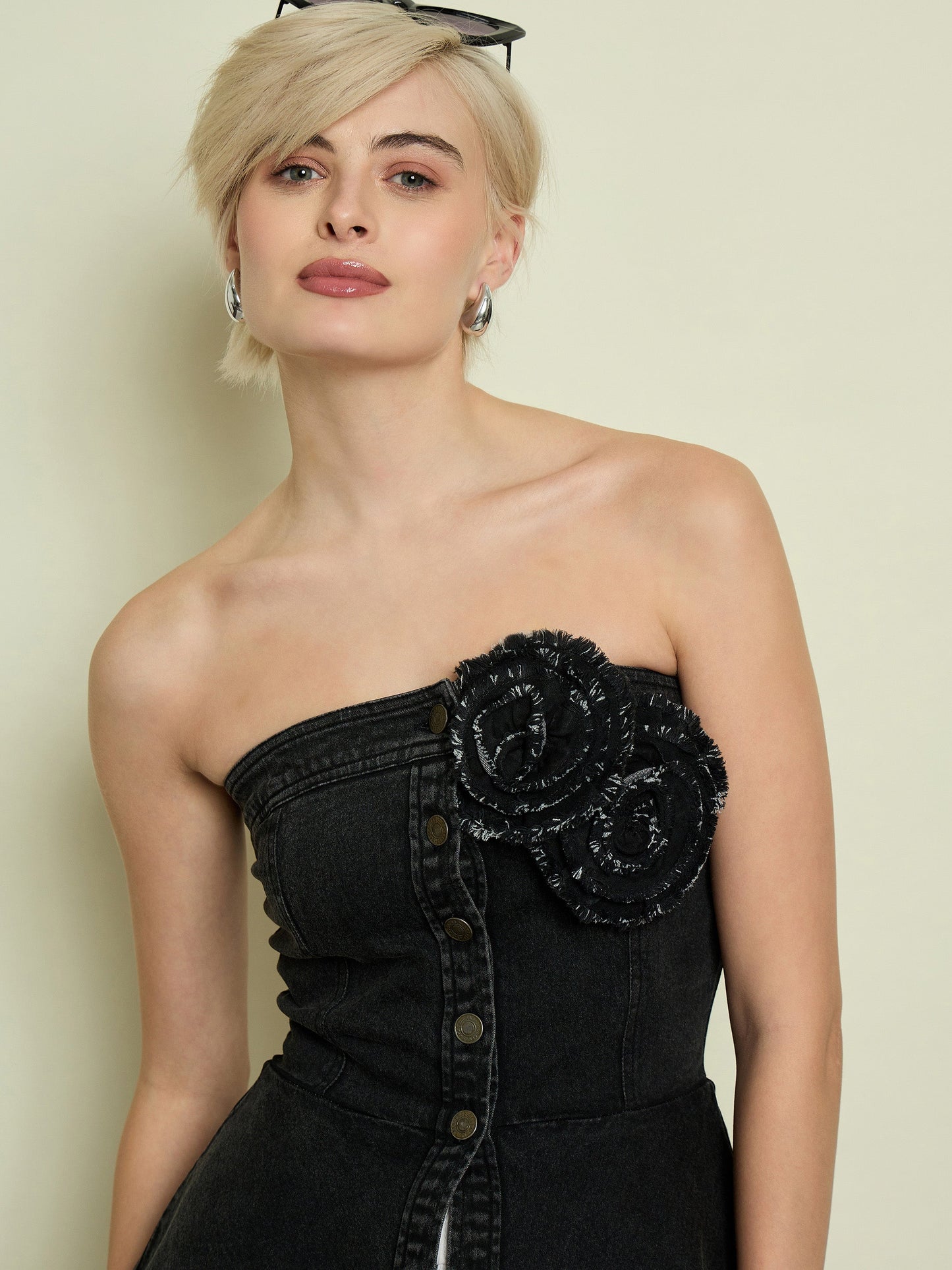 Women Black Denim Corsage Button Down Top