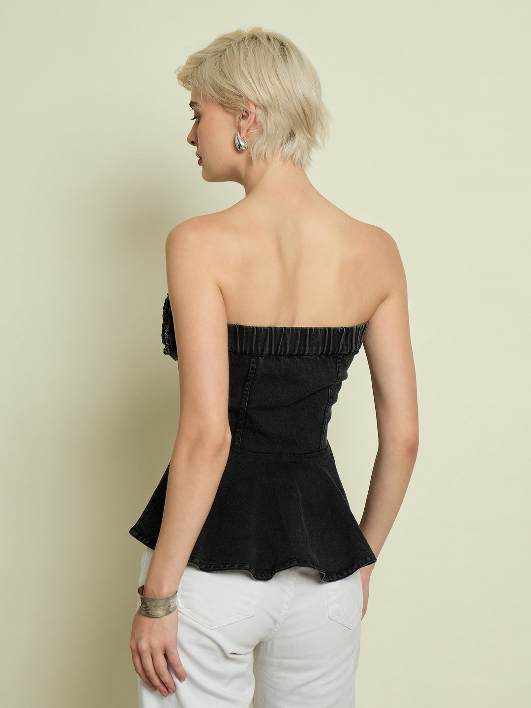 Women Black Denim Corsage Button Down Top