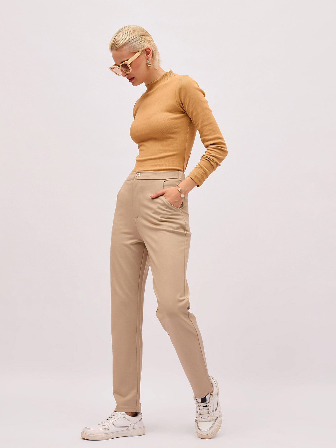 Women Tan High Neck Rib Top