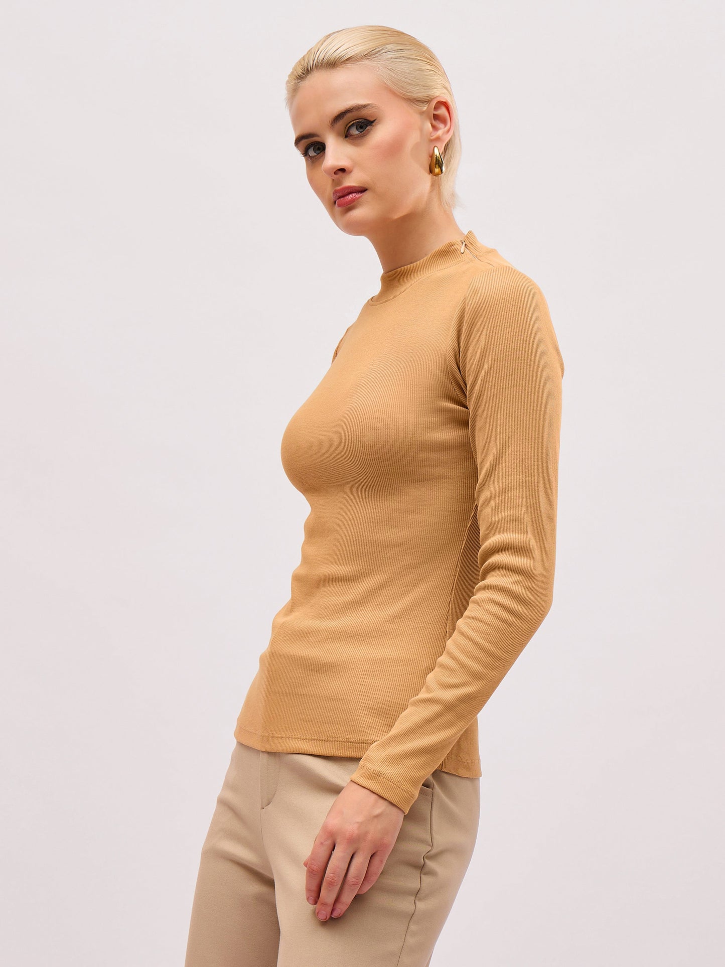 Women Tan High Neck Rib Top