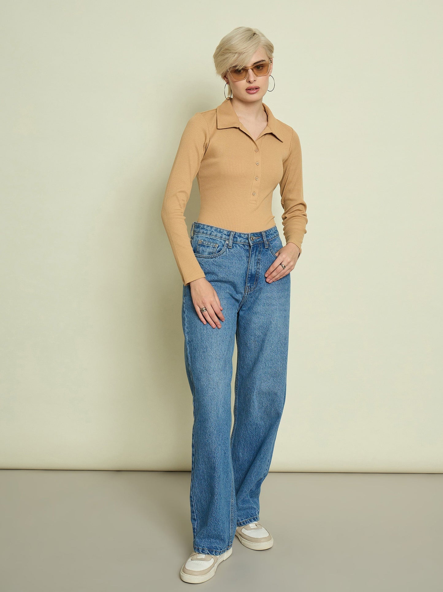 Women Tan Rib Polo Neck Full Sleeves Top