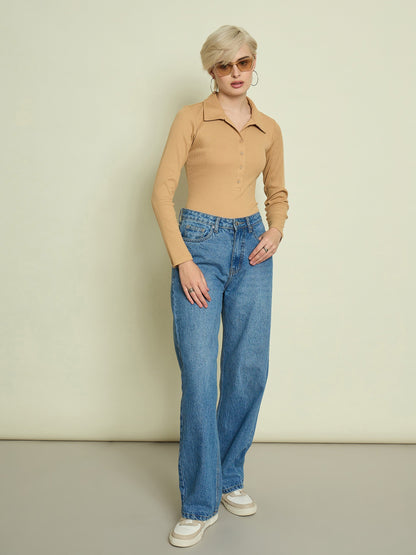 Women Tan Rib Polo Neck Full Sleeves Top