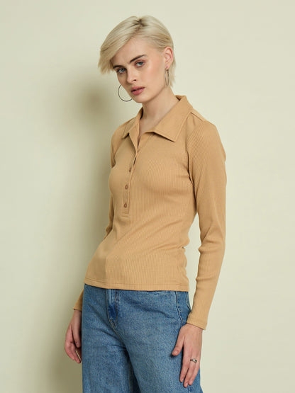 Women Tan Rib Polo Neck Full Sleeves Top