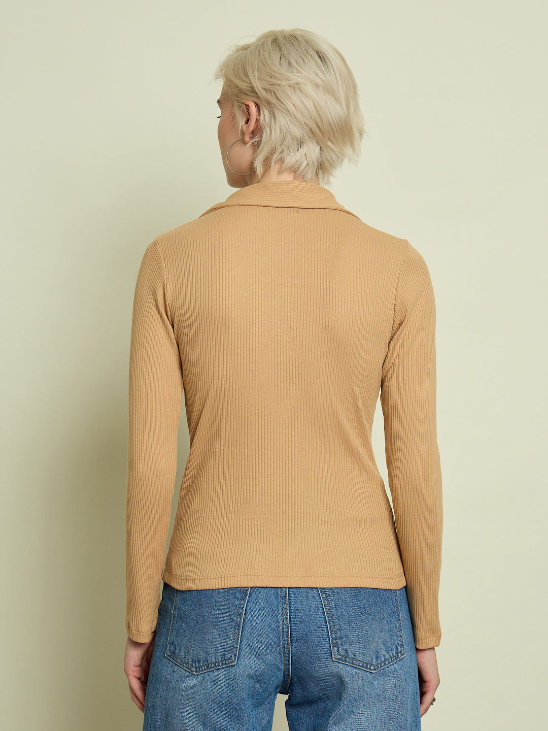 Women Tan Rib Polo Neck Full Sleeves Top