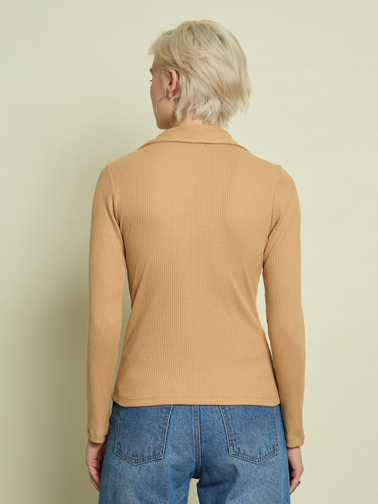Women Tan Rib Polo Neck Full Sleeves Top