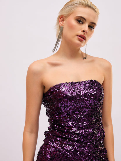 Purple Sequin Asymmetric Hem Tube Top