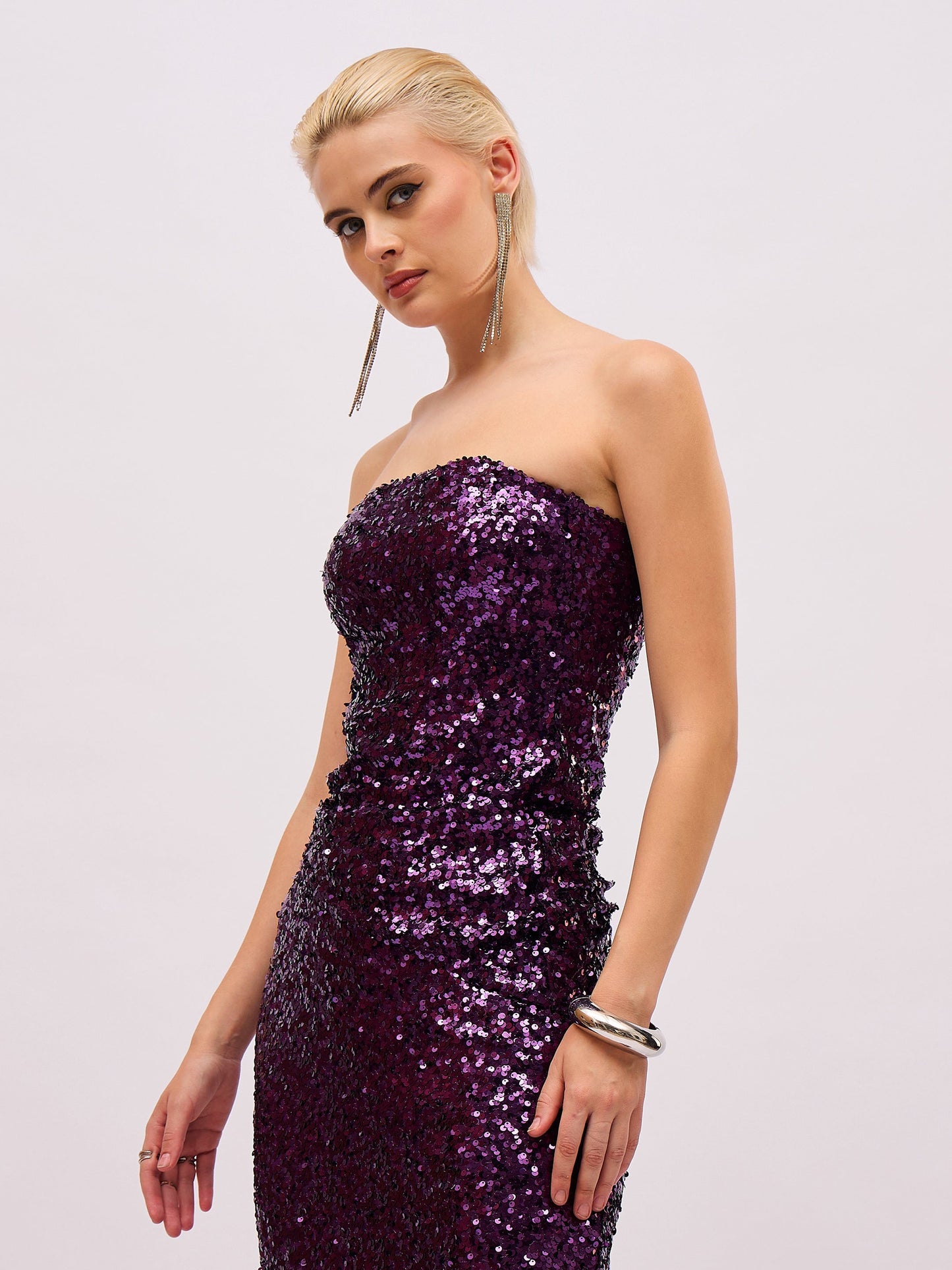 Purple Sequin Asymmetric Hem Tube Top