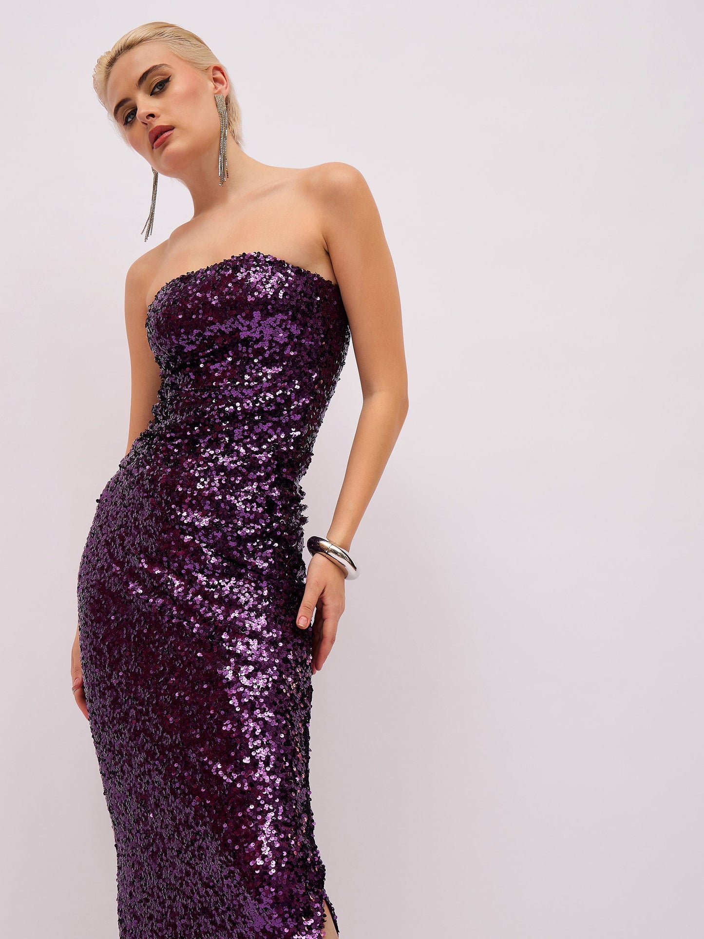 Purple Sequin Asymmetric Hem Tube Top