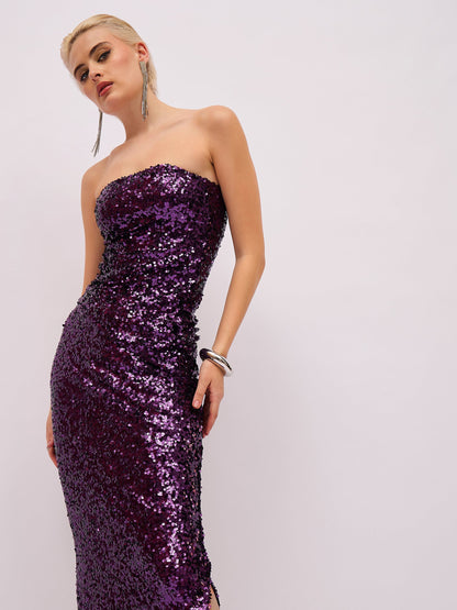 Purple Sequin Asymmetric Hem Tube Top