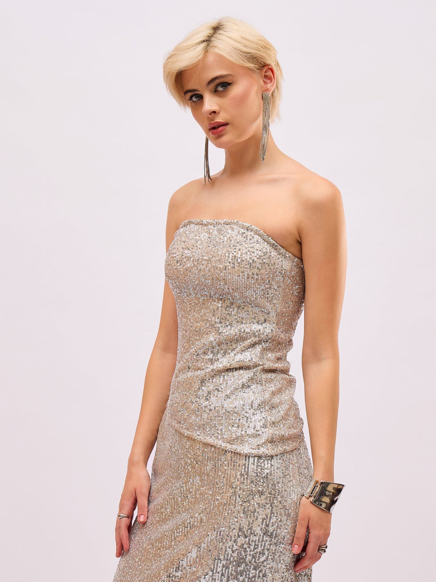 Silver Sequin Asymmetric Hem Tube Top