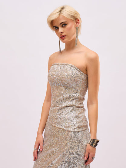 Silver Sequin Asymmetric Hem Tube Top