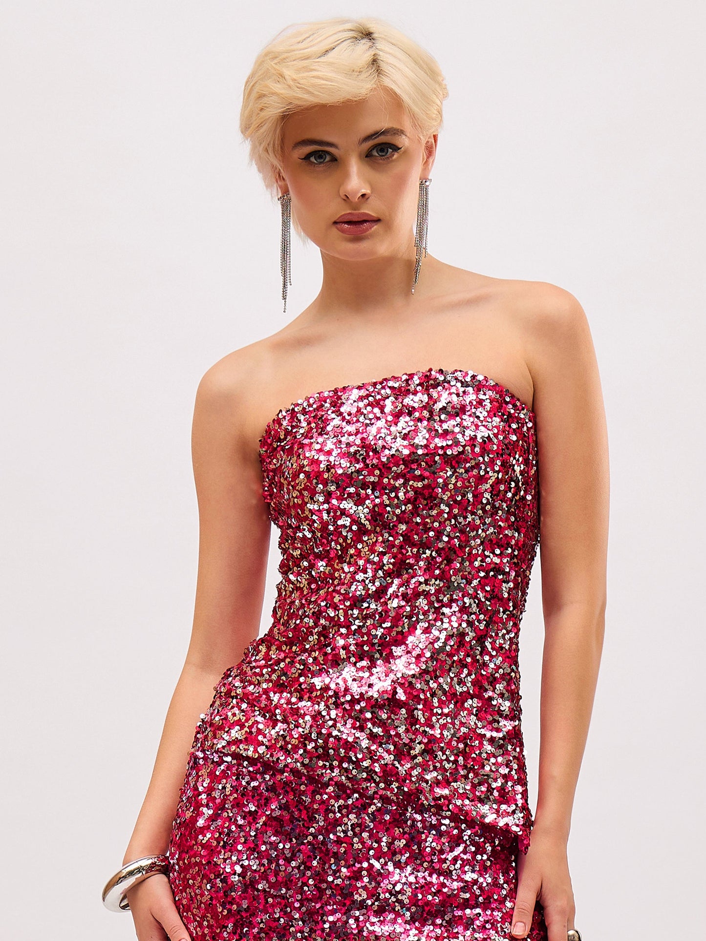 Pink Sequin Asymmetric Hem Tube Top