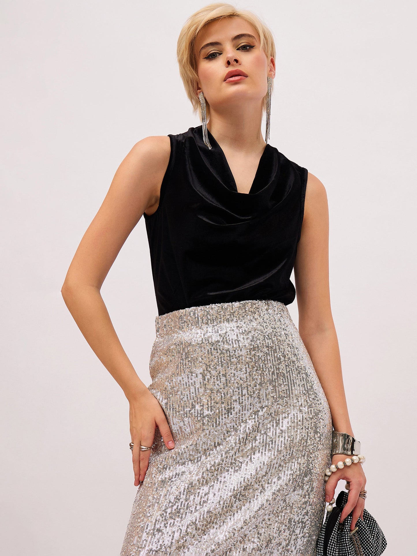 Black Velvet Cowl Neck Sleeveless Top